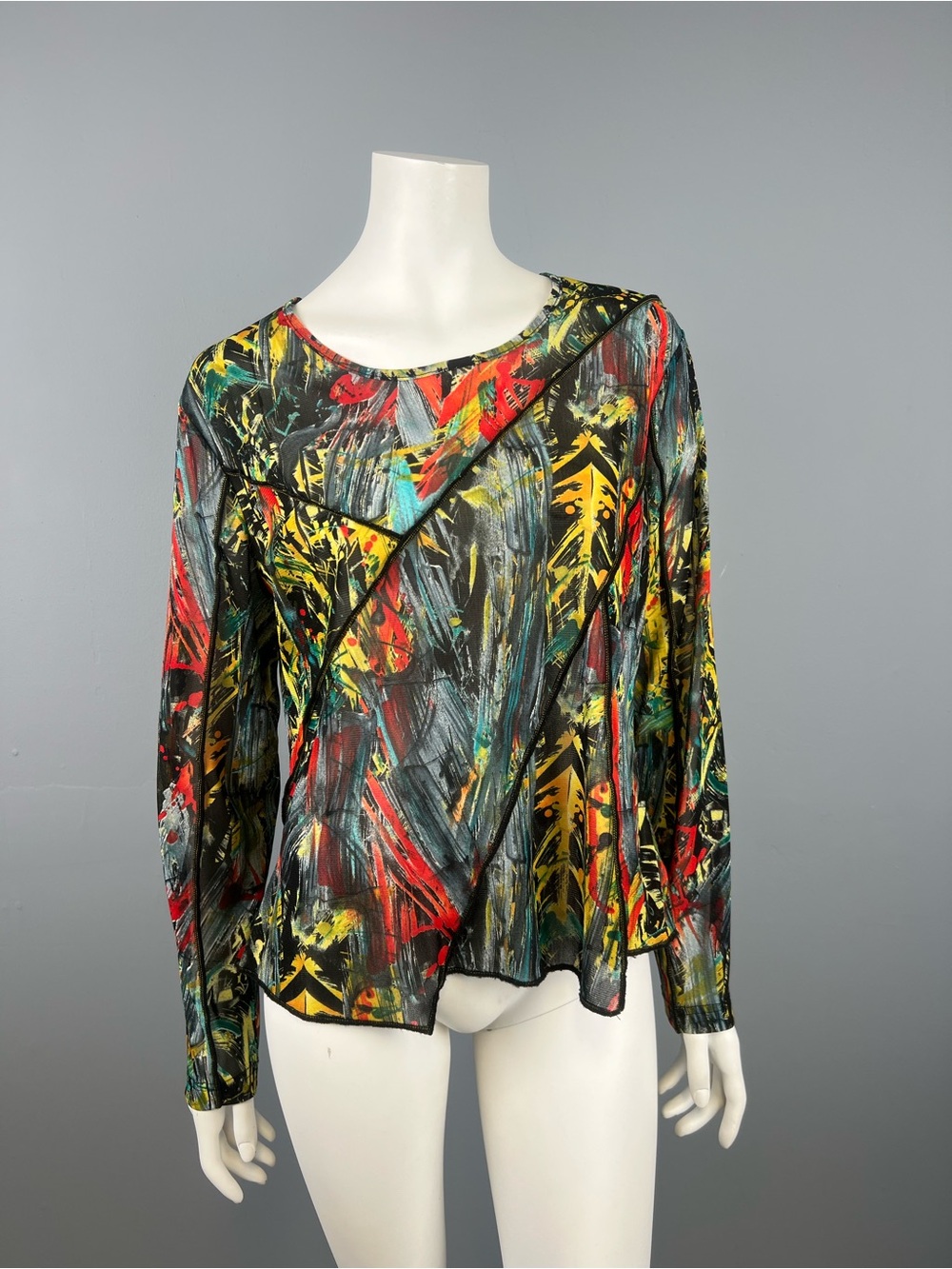 Bellissima Made in Canada Abstract Multicolor Long-Sleeve Sheer Mesh Womens Top